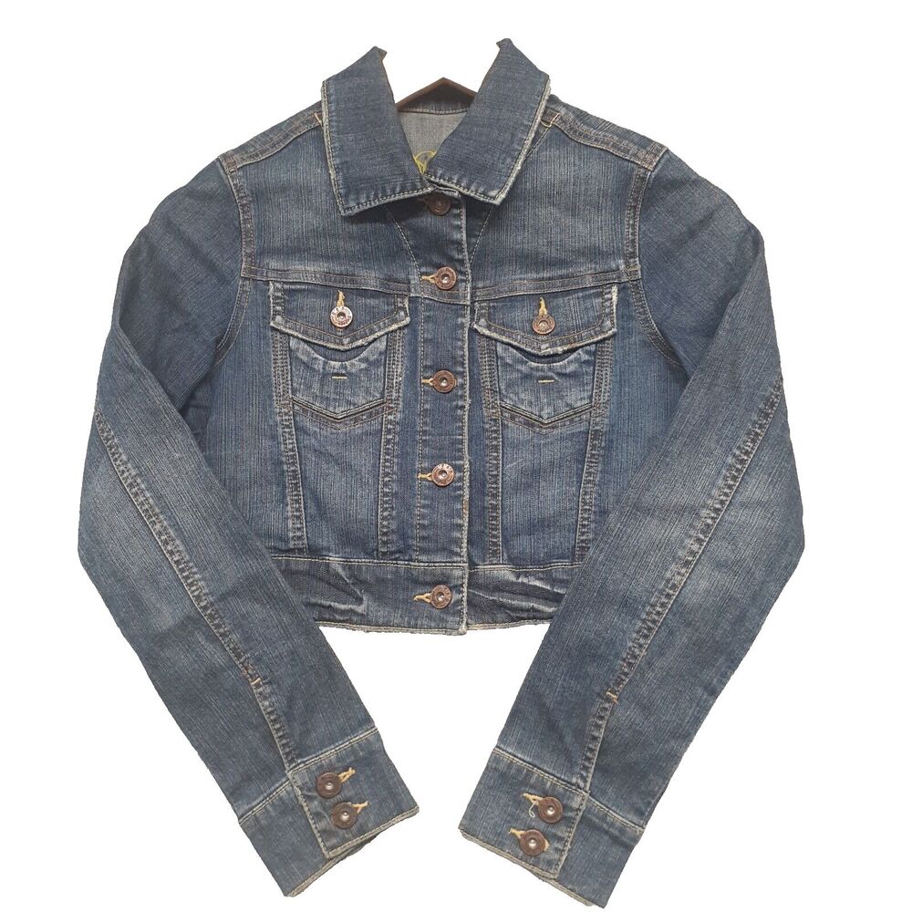 Papaya Women Sz S Distressed Long Sleeve Blue Denim Jean Jacket Cropped Y2K